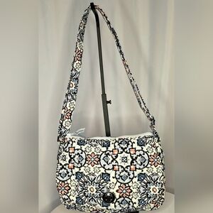 Vera Bradley Floral Shoulder Bag | Quilted Cotton Purse | Blue Black Peach Medal